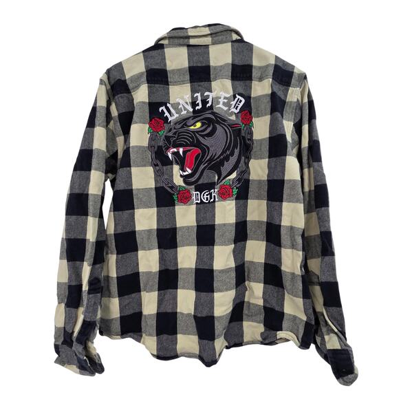 DGK LARGE PUMA EMBROIDER PATCHWORK COTTON GINGHAM LONG SLEEVE BUTTON UP FLANNEL - Picture 1 of 4